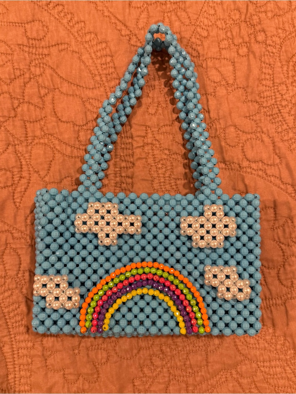 Handmade Blue Beaded Tote with Rainbow Detail